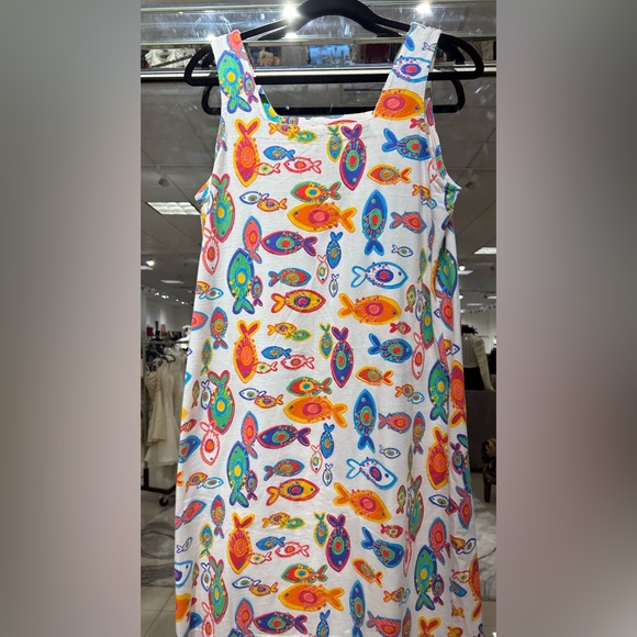 Vintage FRESH PRODUCE Rainbow Fish Print Tank Dress - Picture 2 of 2